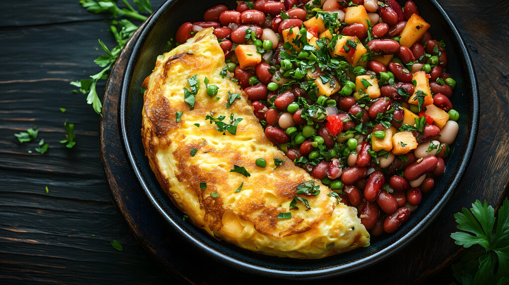 Bohnensalat mit Kräutern und Omelett auf dunklem Holzteller