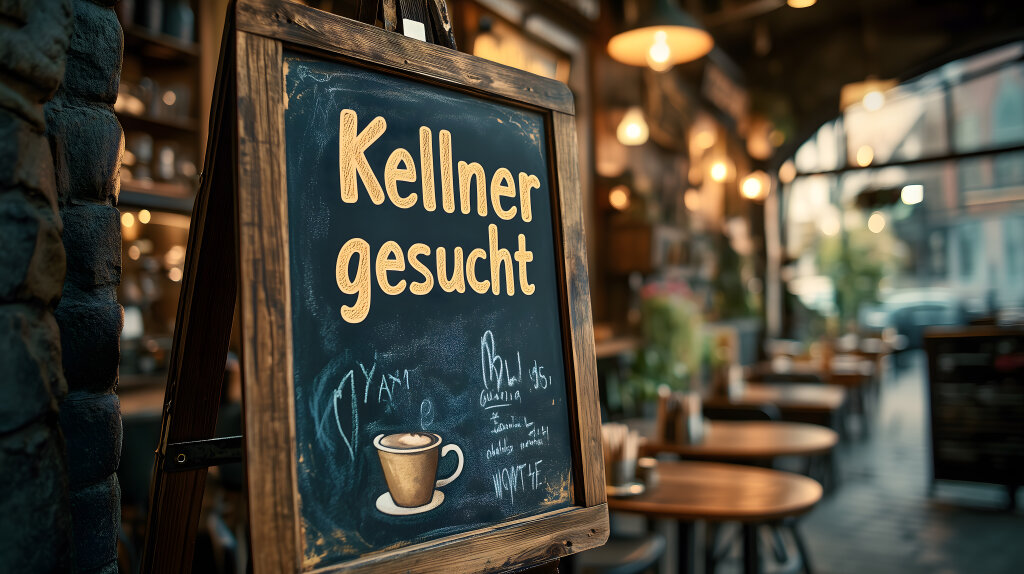 Kellner gesucht handgeschriebener Tafel vor Café