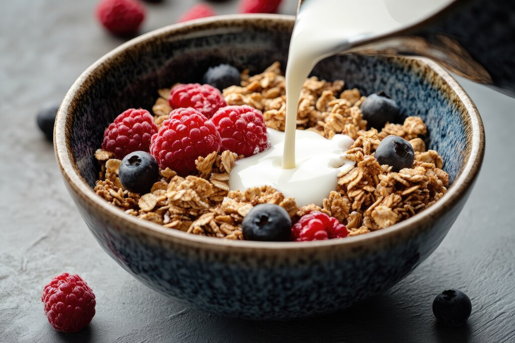 Frühstück mit Müsli und frischen Beeren