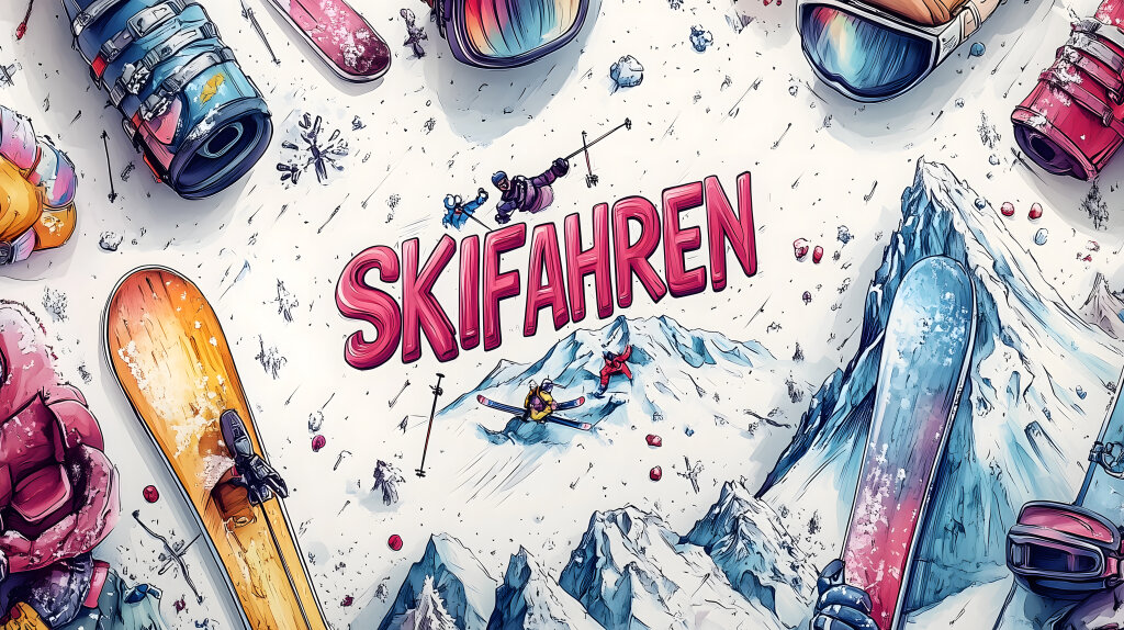 Skifahren Illustration mit Skiausrüstung und Bergen