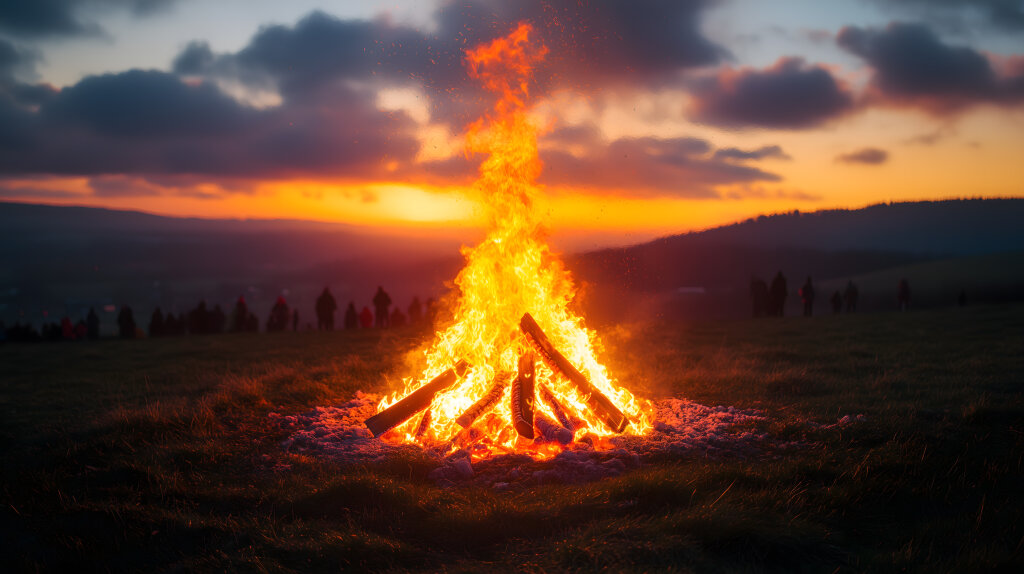 Osterfeuer auf einem Hügel mit Zuschauern bei Sonnenuntergang
