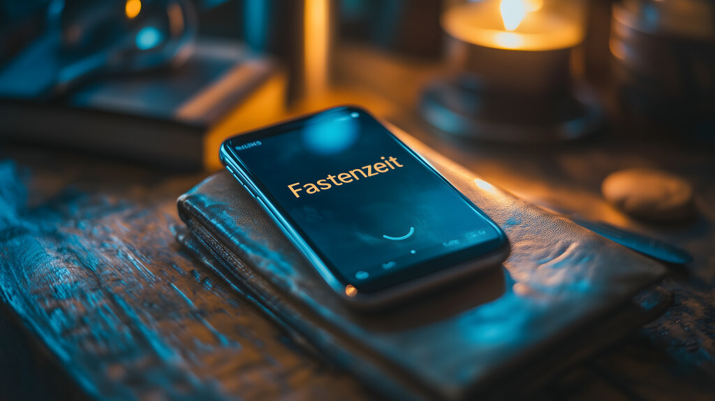 Smartphone mit Schriftzug Fastenzeit auf Tisch