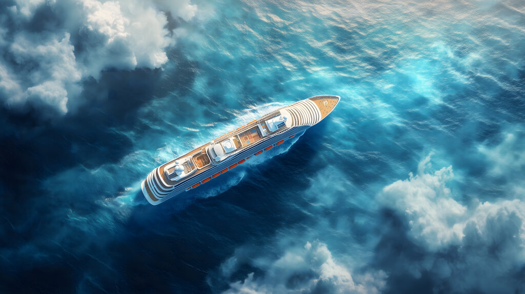 Kreuzfahrtschiff auf offener See aus der Luft