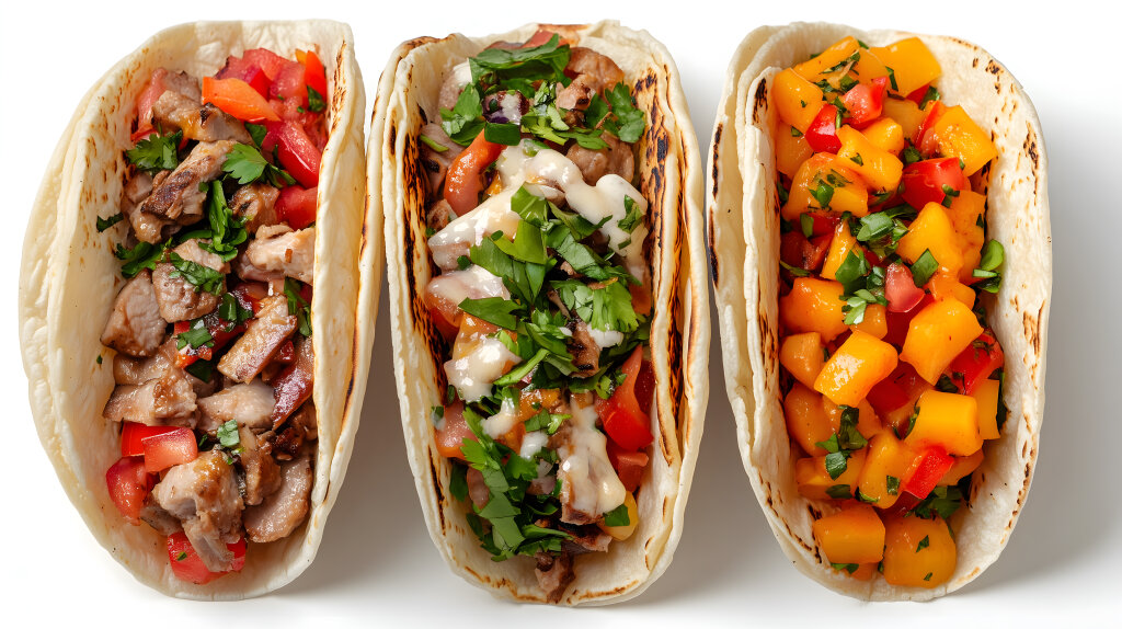 Drei traditionelle mexikanische Tacos mit verschiedenen Füllungen