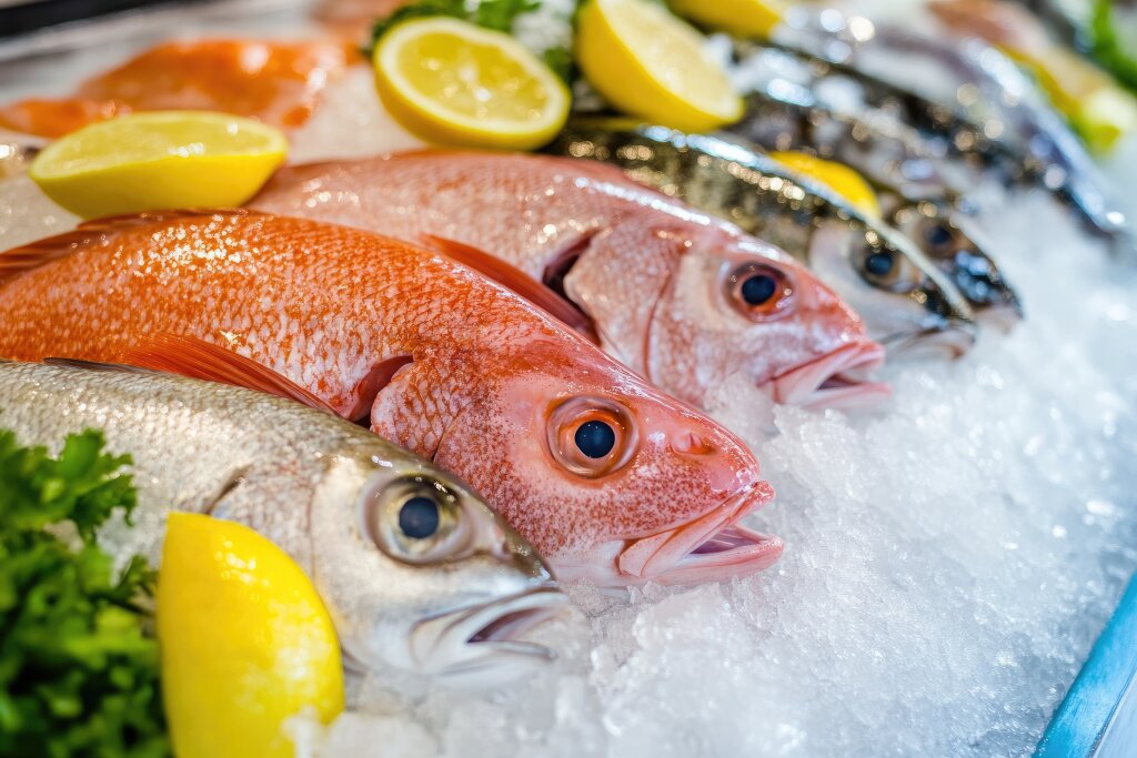 Frischer Fisch auf Eis mit Zitronen