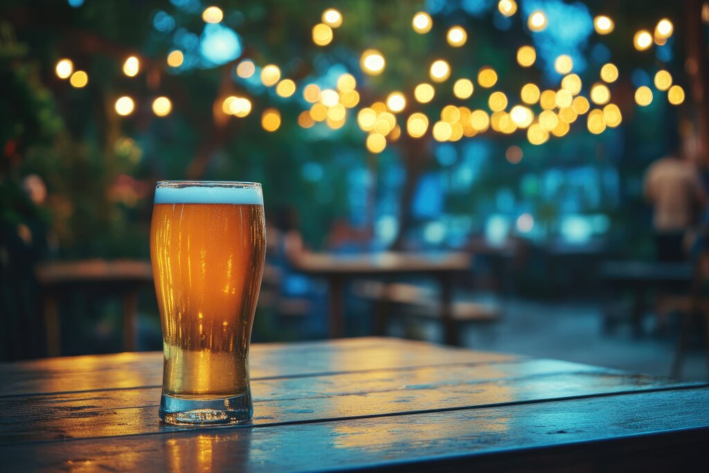 Bierglas auf Holztisch mit Lichterkette