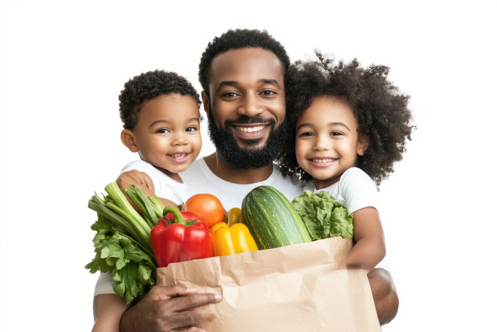 Vater mit Kindern und Gemüse