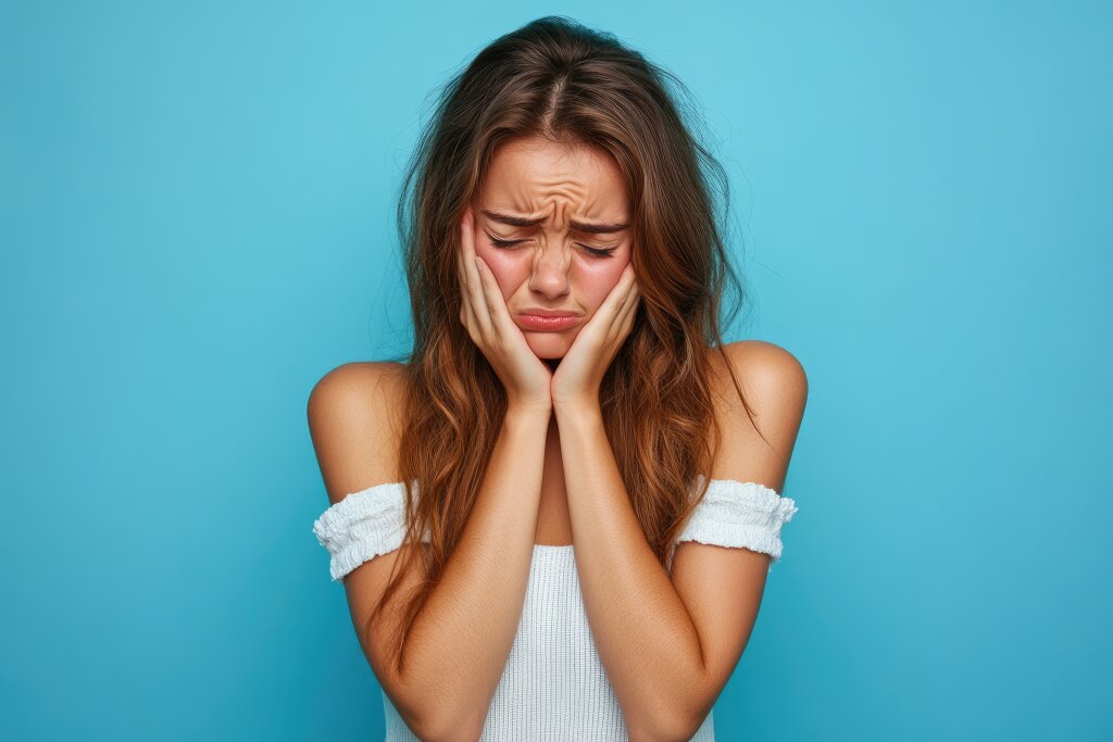 Weinende junge Frau auf blauem Hintergrund