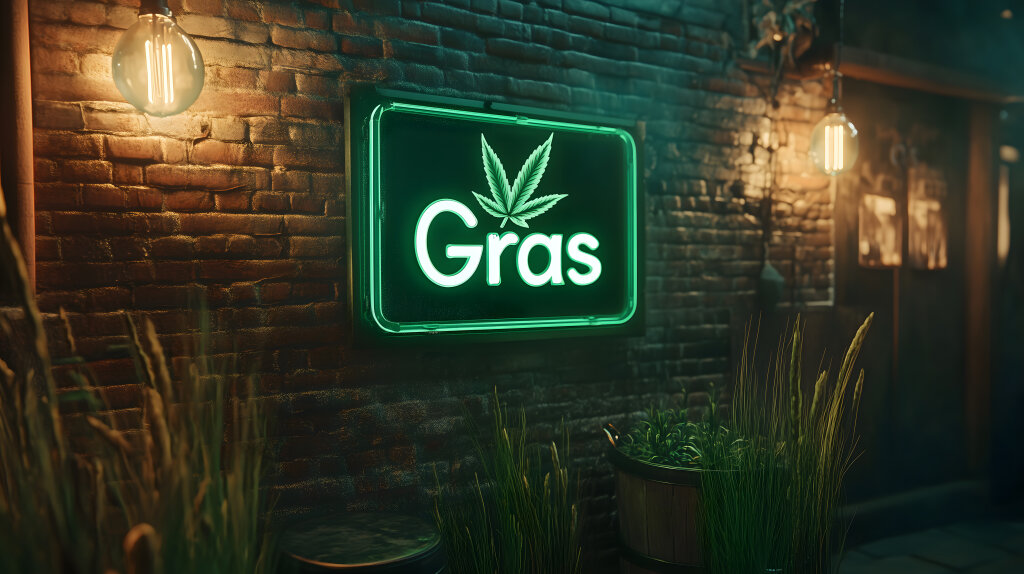 Grünes Leuchtschild mit Gras-Blatt auf dunkler Backsteinwand