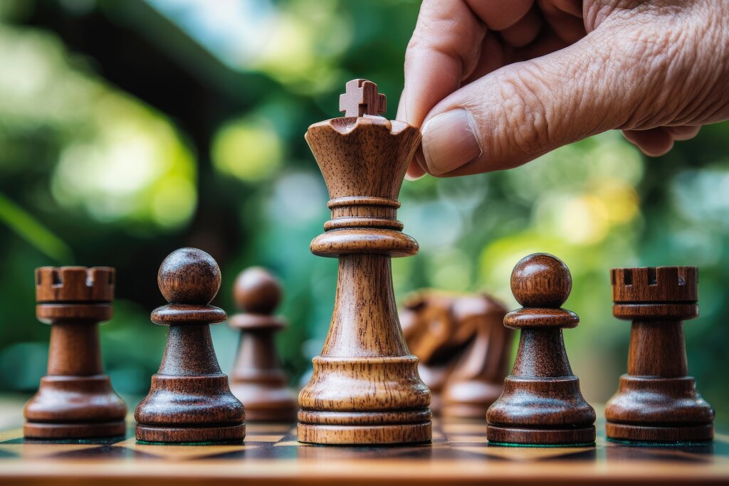 Schachfiguren mit Hand – Strategie und Planung