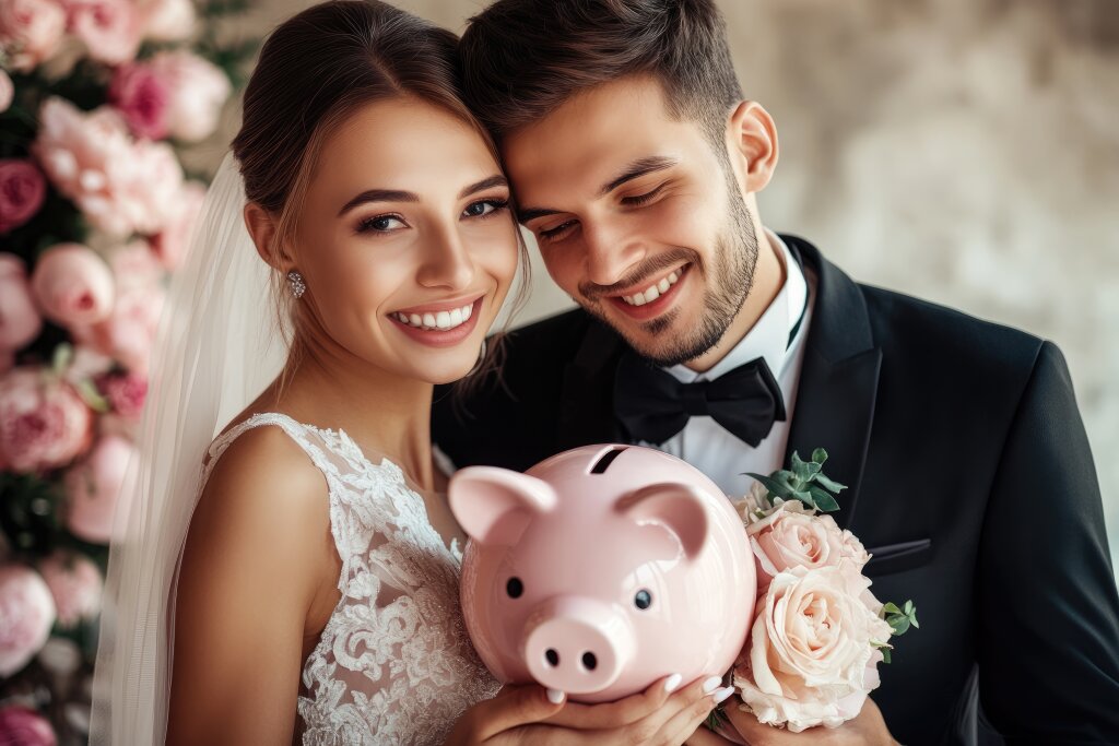 Brautpaar mit Sparschwein