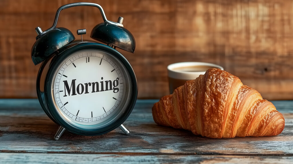 Wecker mit dem Wort Morning neben Croissant und Kaffee auf Holztisch
