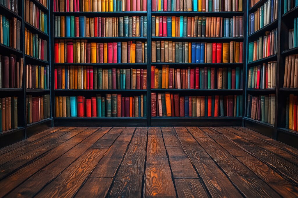 Dunkler Holzboden mit Bücherregalen