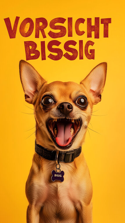 Hintergrundbild: Wütender Chihuahua mit Bissig-Halsband vor gelbem Hintergrund