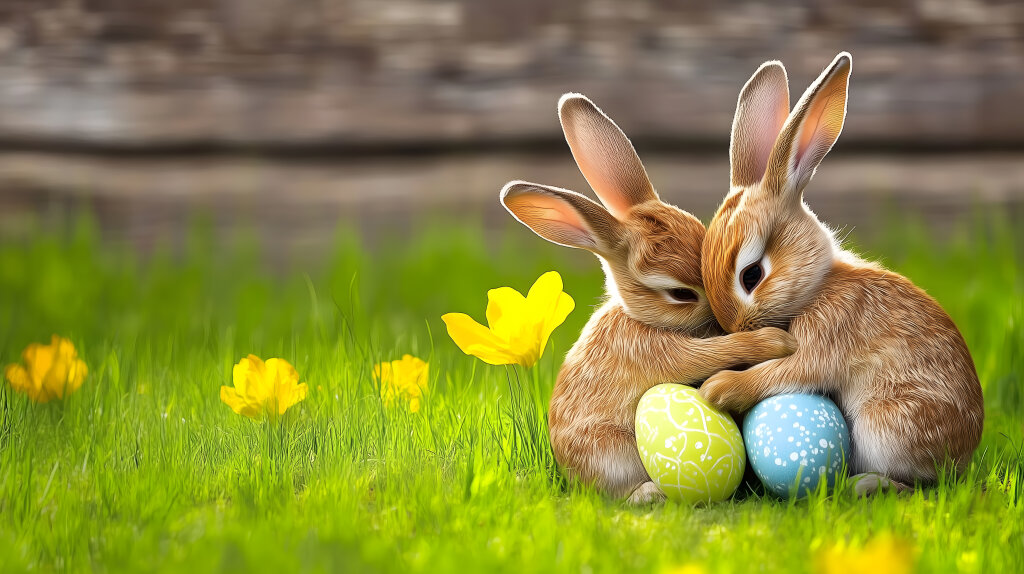 Frohe Ostern 2028: Zwei Hasen kuscheln sich an bunte Ostereier