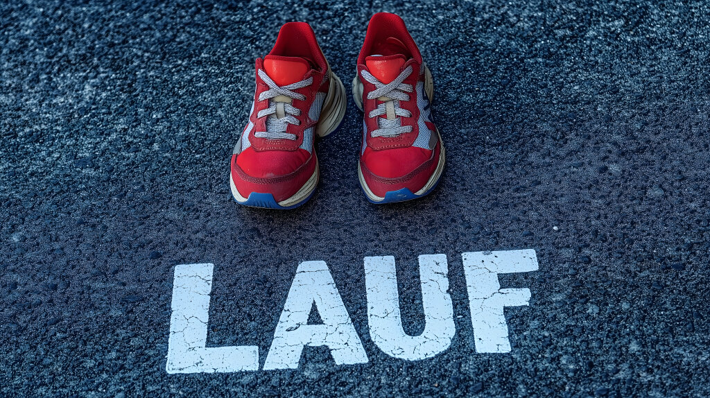 Rote Laufschuhe mit Schriftzug Lauf auf Straße