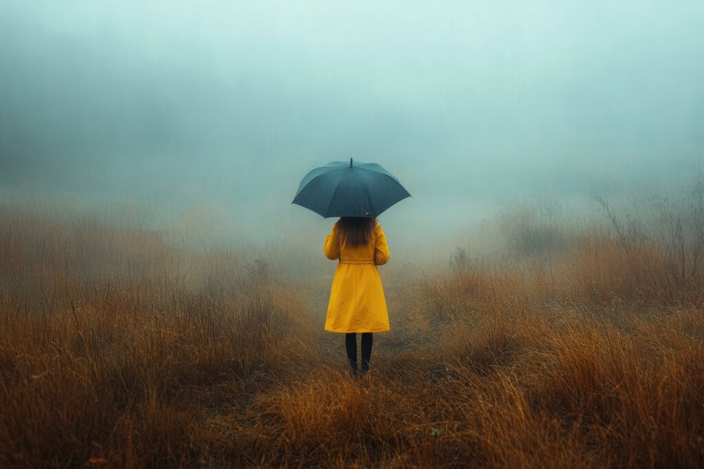 Person mit Regenschirm im Nebel (gelber Mantel)