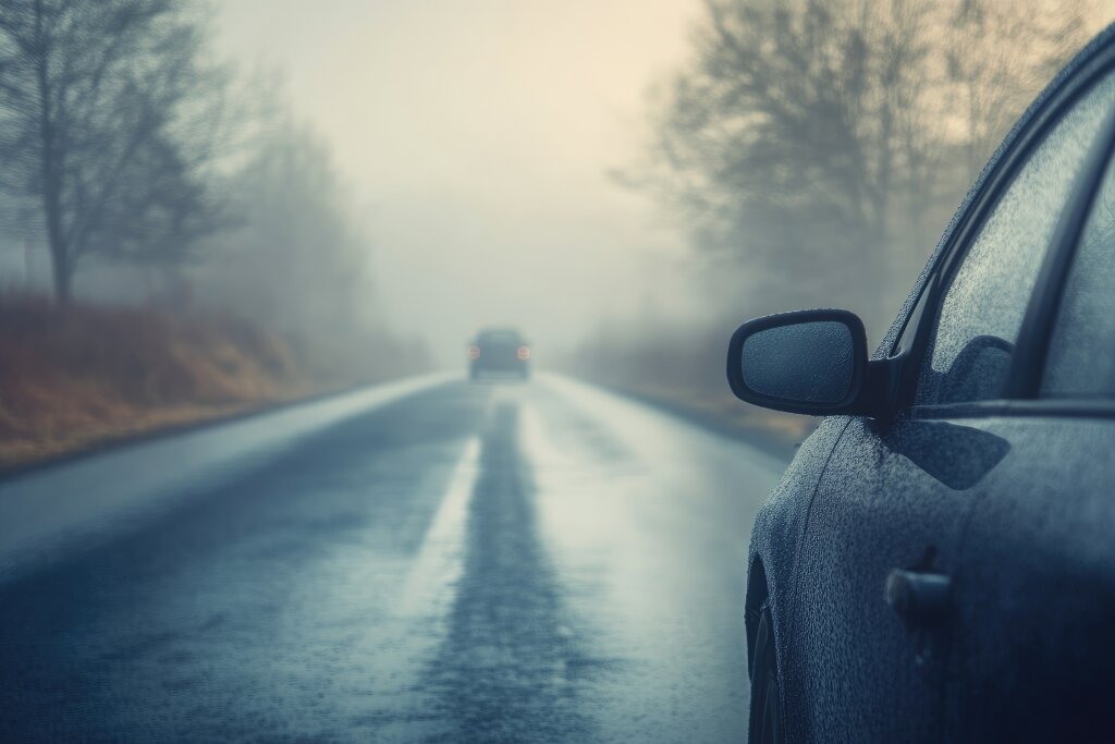 Auto bei Nebel auf Landstraße