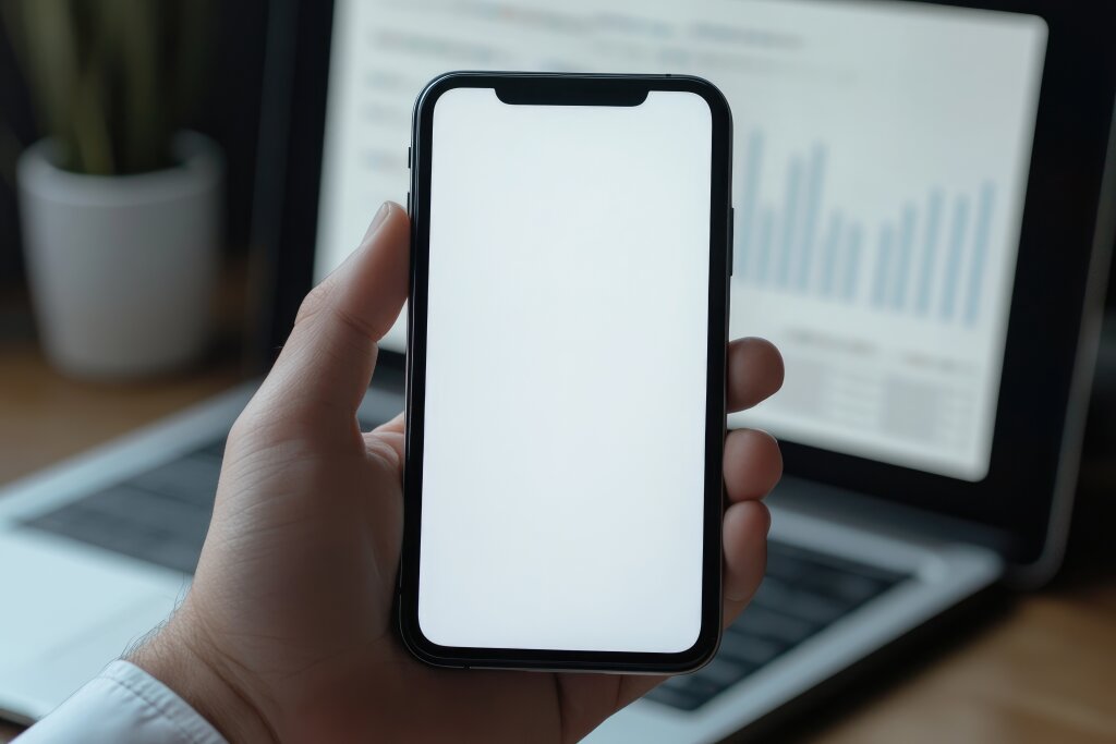 Smartphone mit leerem Bildschirm in der Hand