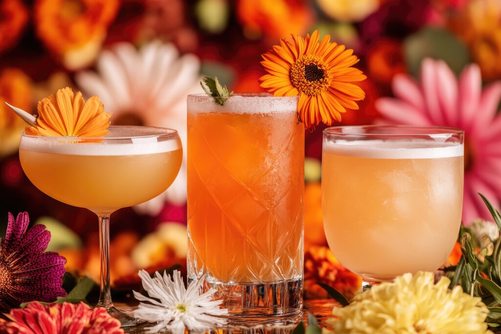 Drei bunte Cocktails mit Blütendeko