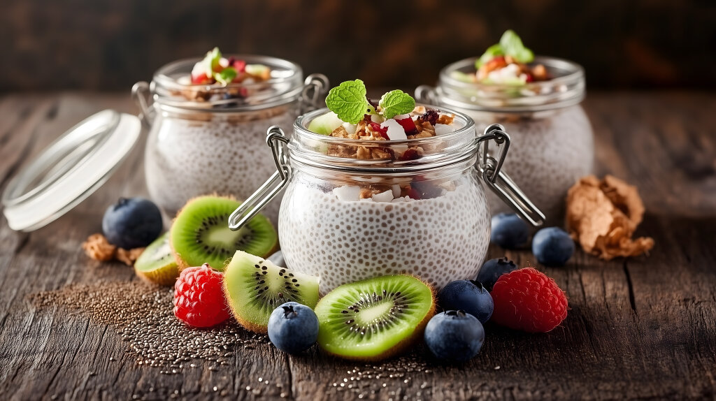 Chia Pudding mit Kiwi und Beeren auf rustikalem Holztisch