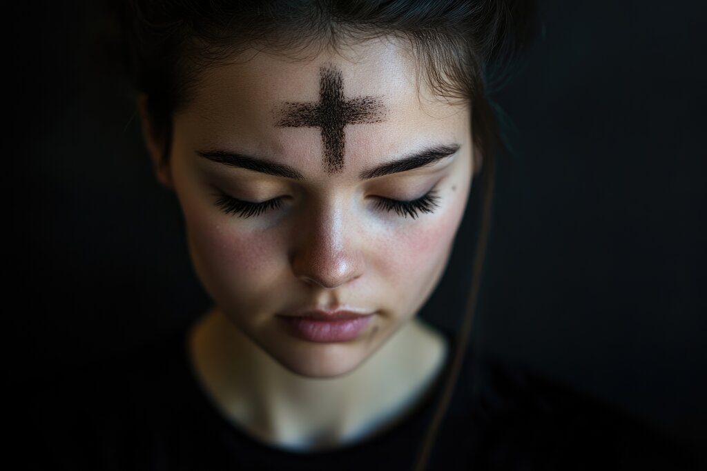 Frau mit einem schwarzen Kreuz auf der Stirn