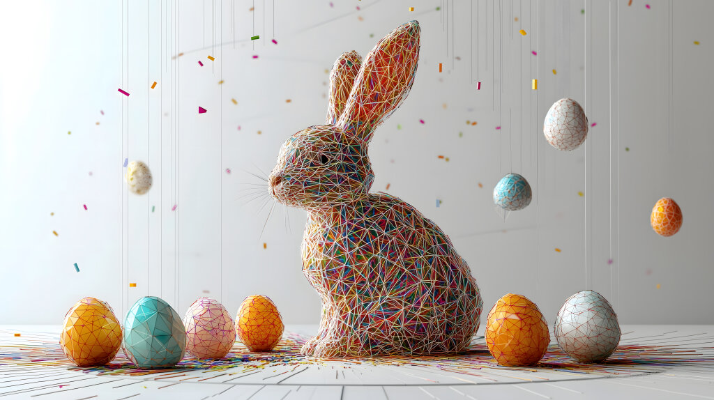 Drahtgitter-Osterhase mit hängenden Polygon-Eiern