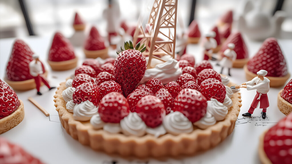 Mini-Konditoren verzieren Erdbeertorte mit Sahne