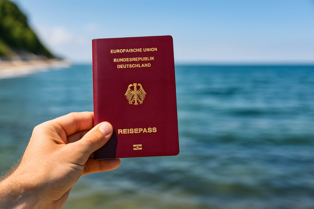 Deutscher Reisepass vor blauem Meer als Reisesymbol