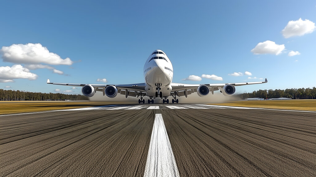 Flugzeug hebt ab von der Landebahn bei Sonnenschein