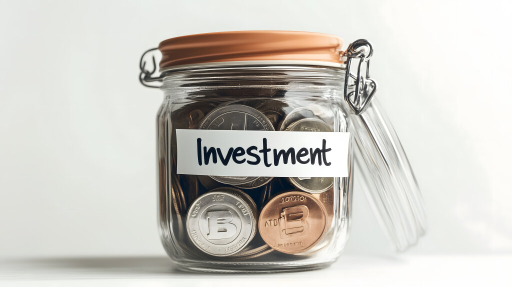 Geld sparen im Glas mit Investment Beschriftung