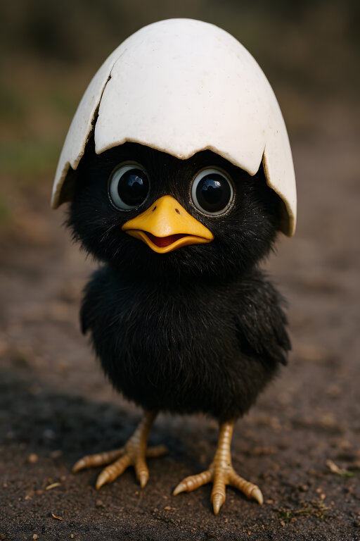 Schwarzes Küken mit Eierschale als Helm auf Waldboden