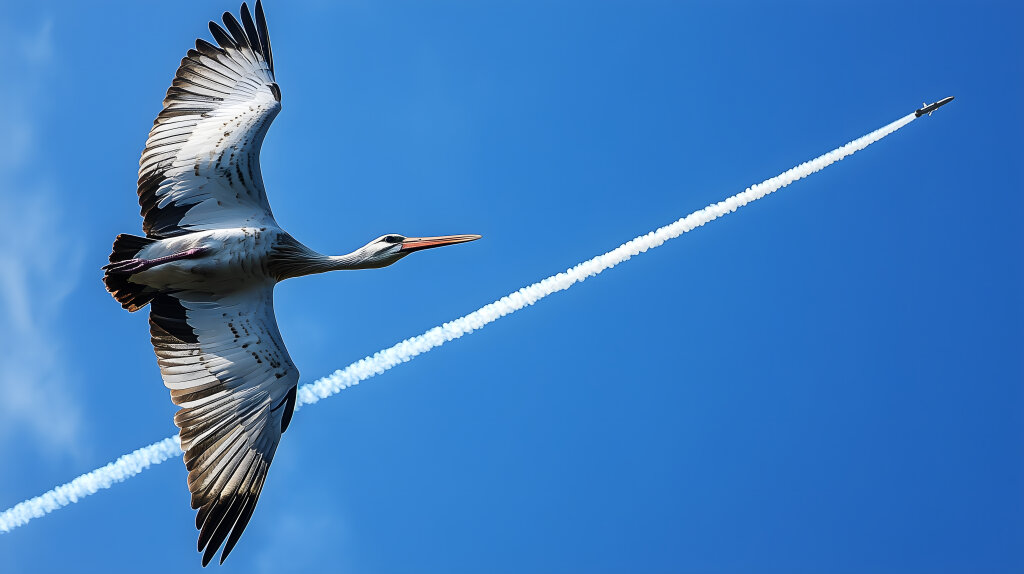Storch fliegt vor Flugzeug am blauen Himmel
