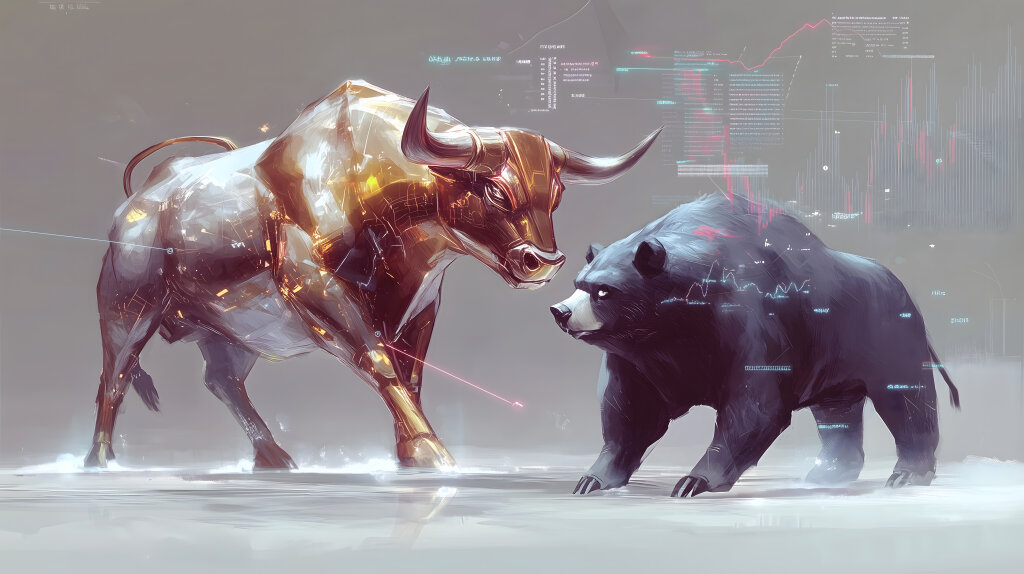Illustration eines Bullen und Bären als Symbol für Börse und Finanzmarkt