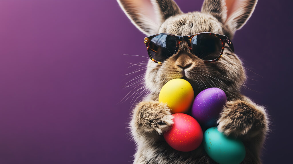Osterhase mit Sonnenbrille hält bunte Ostereier vor lila Hintergrund