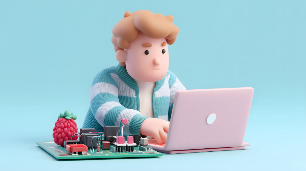 Junge bastelt mit Raspberry Pi am Laptop in 3D-Illustration