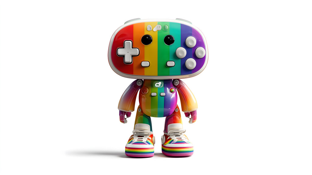 Regenbogen-Roboter mit Controller-Kopf auf Weiß