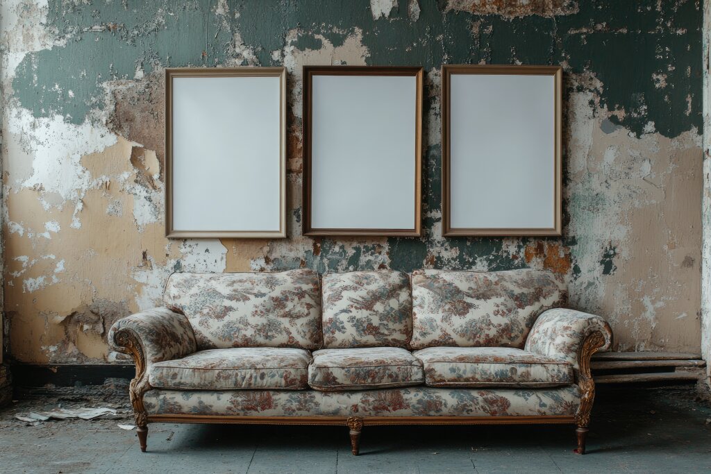 Vintage-Sofa vor renovierungsbedürftiger Wand