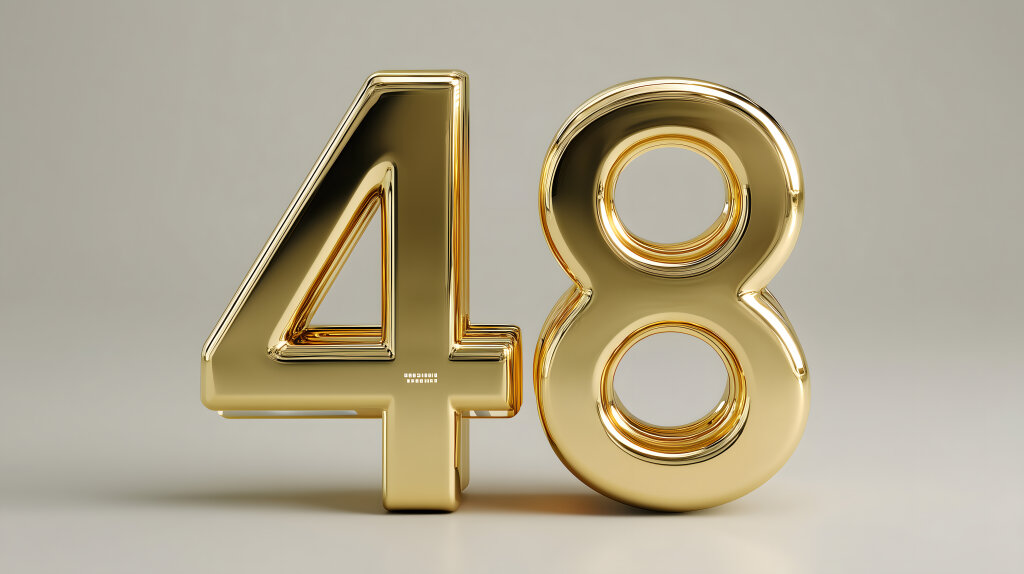 Zahl 48 in Goldmetall als 3D-Visualisierung