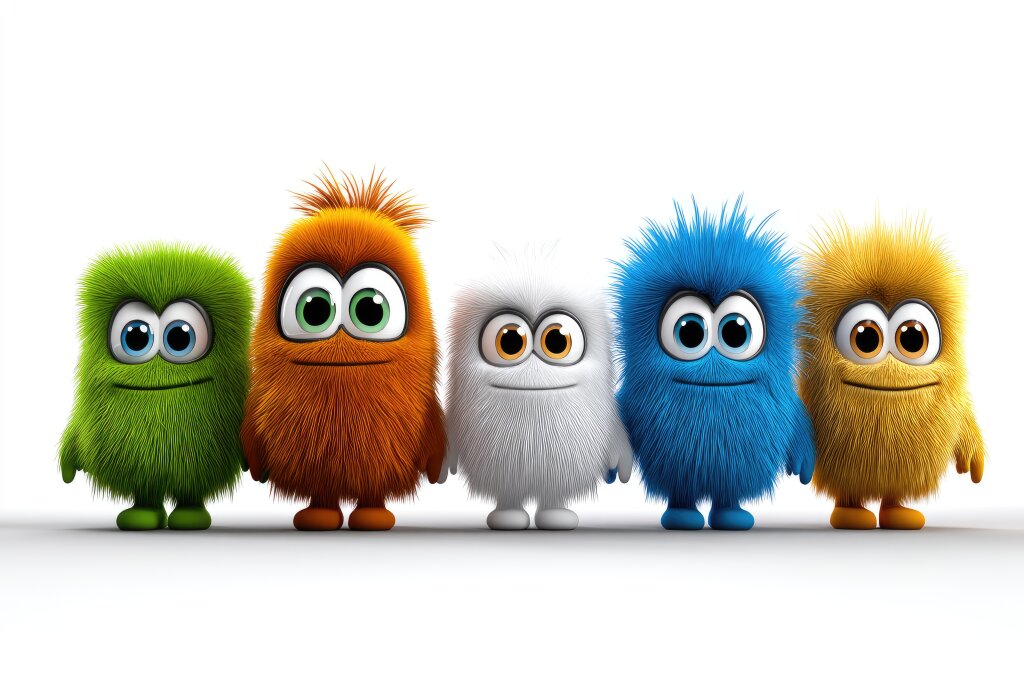 Bunte 3D-Karikaturen von flauschigen Monstern