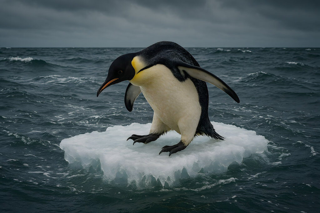 Klimawandel: Pinguin steht auf kleiner Eisscholle im Meer