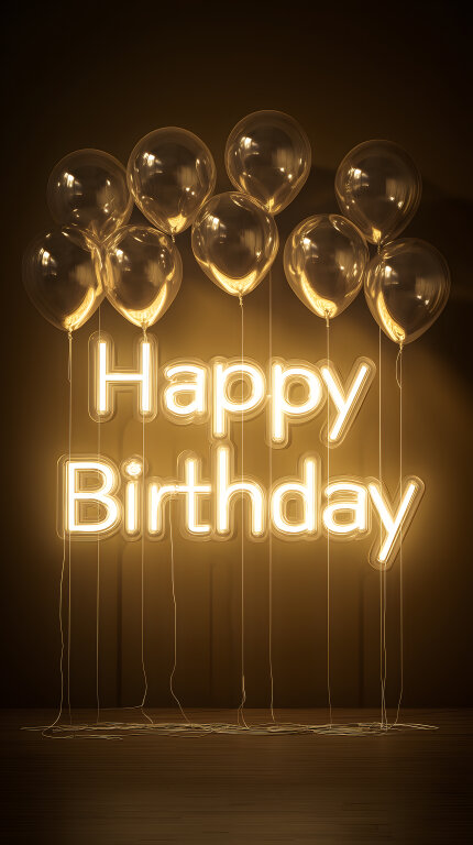 Happy Birthday Neon Schrift mit Ballons in Gold auf Schwarz