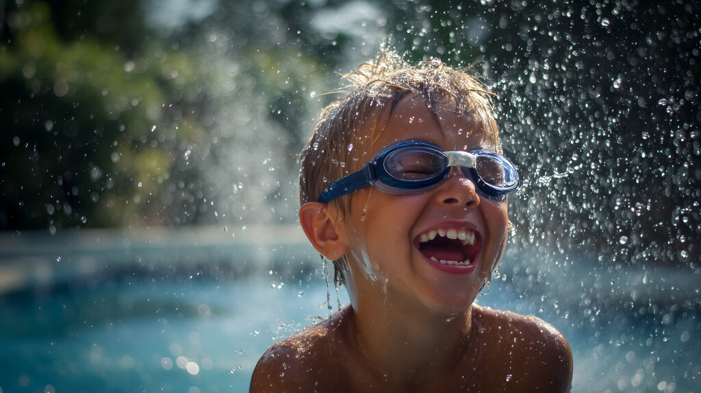 Junge mit Schwimmbrille lacht unter Wasserstrahl im Freibad