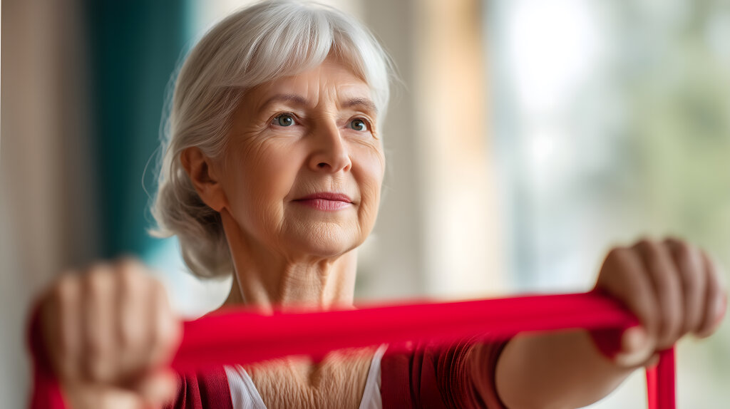 Seniorin trainiert mit Widerstandsband zu Hause