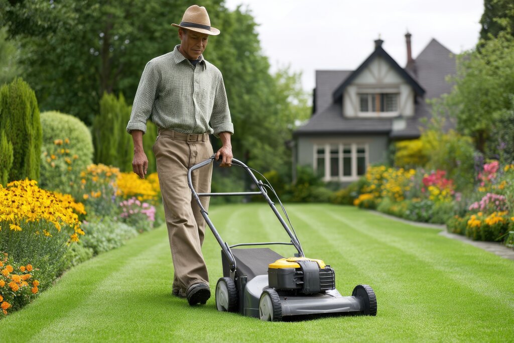 Mann mäht Rasen im Garten