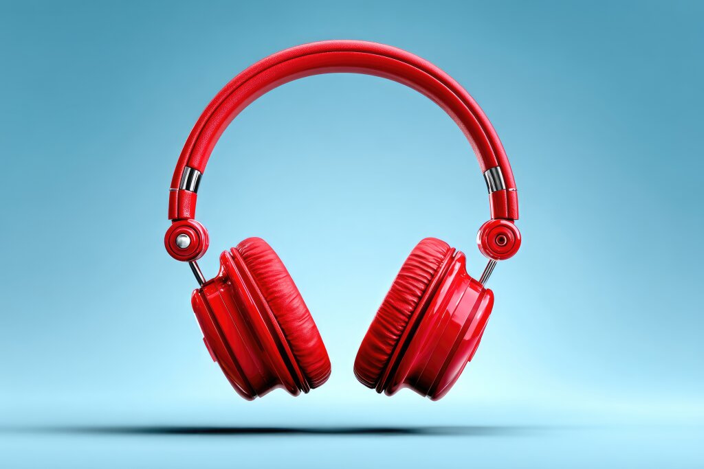 Glänzende rote Over-Ear Kopfhörer auf blauem Hintergrund