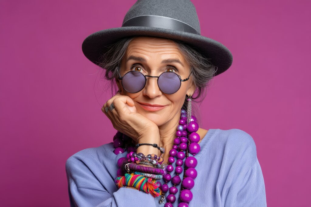 Stilvolle ältere Frau mit lila Accessoires