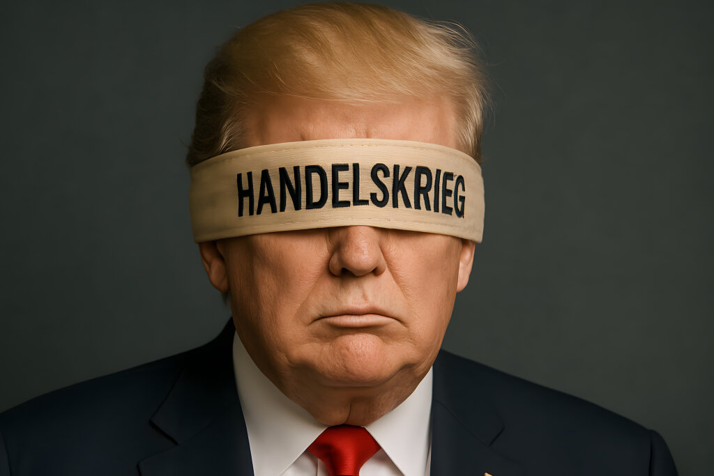 Donald Trump mit Augenbinde und Wort Handelskrieg