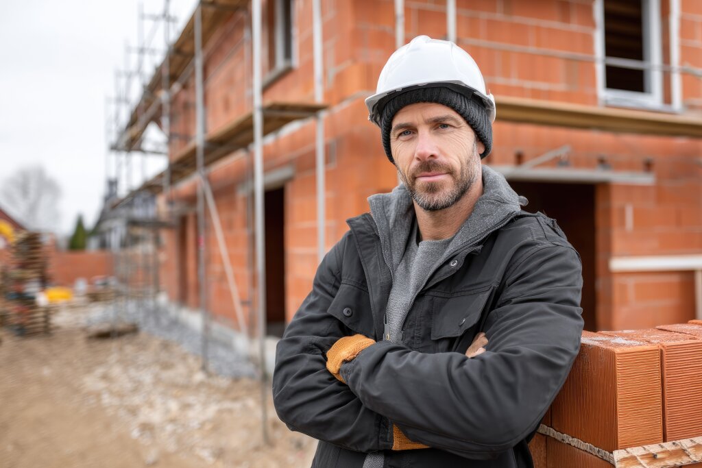 Bauarbeiter auf Baustelle vor einem Rohbau
