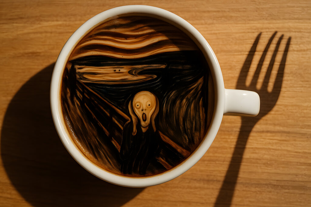 Latte Art mit Der Schrei Motiv in Kaffeetasse
